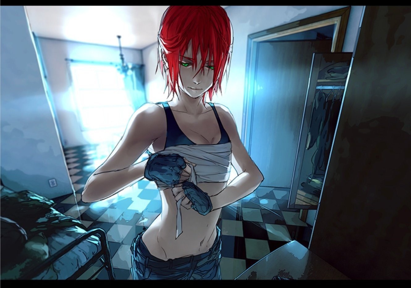 Девушка панк с красными волосами трахается в туалете с парнем