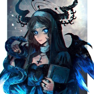 Девушка демон с голубыми волосами