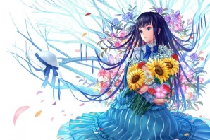 Аниме девушка с букетом