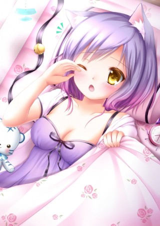 Аниме кошка девочка с фиолетовыми волосами