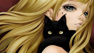 Аниме девушка с черным котом