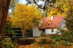 Красивый дом и двор поздней осенью