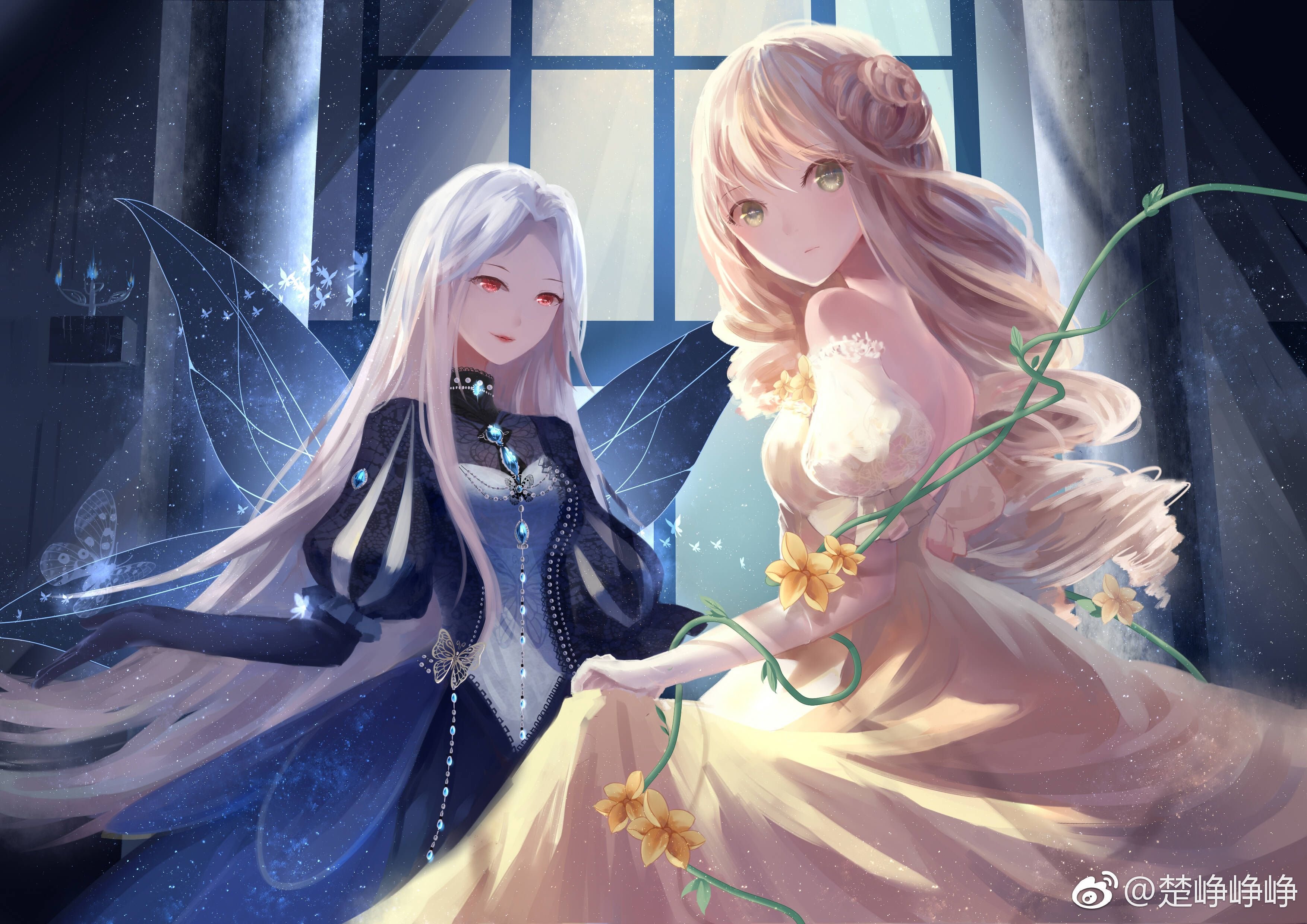 Принцесса с белыми волосами в длинном голубом платье-облако