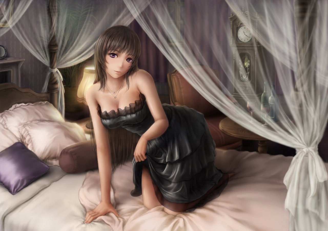 Красивые аниме девушки на кровати