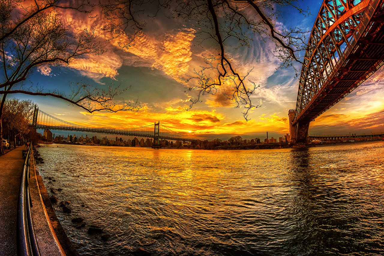 Нью Йорк мост и река закат