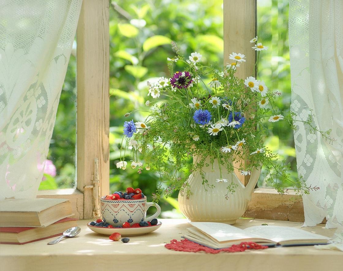 Раннее летнее утро в воздухе впр. Цветы на окне. Полевые цветы на окне. Весенние цветы на окне.