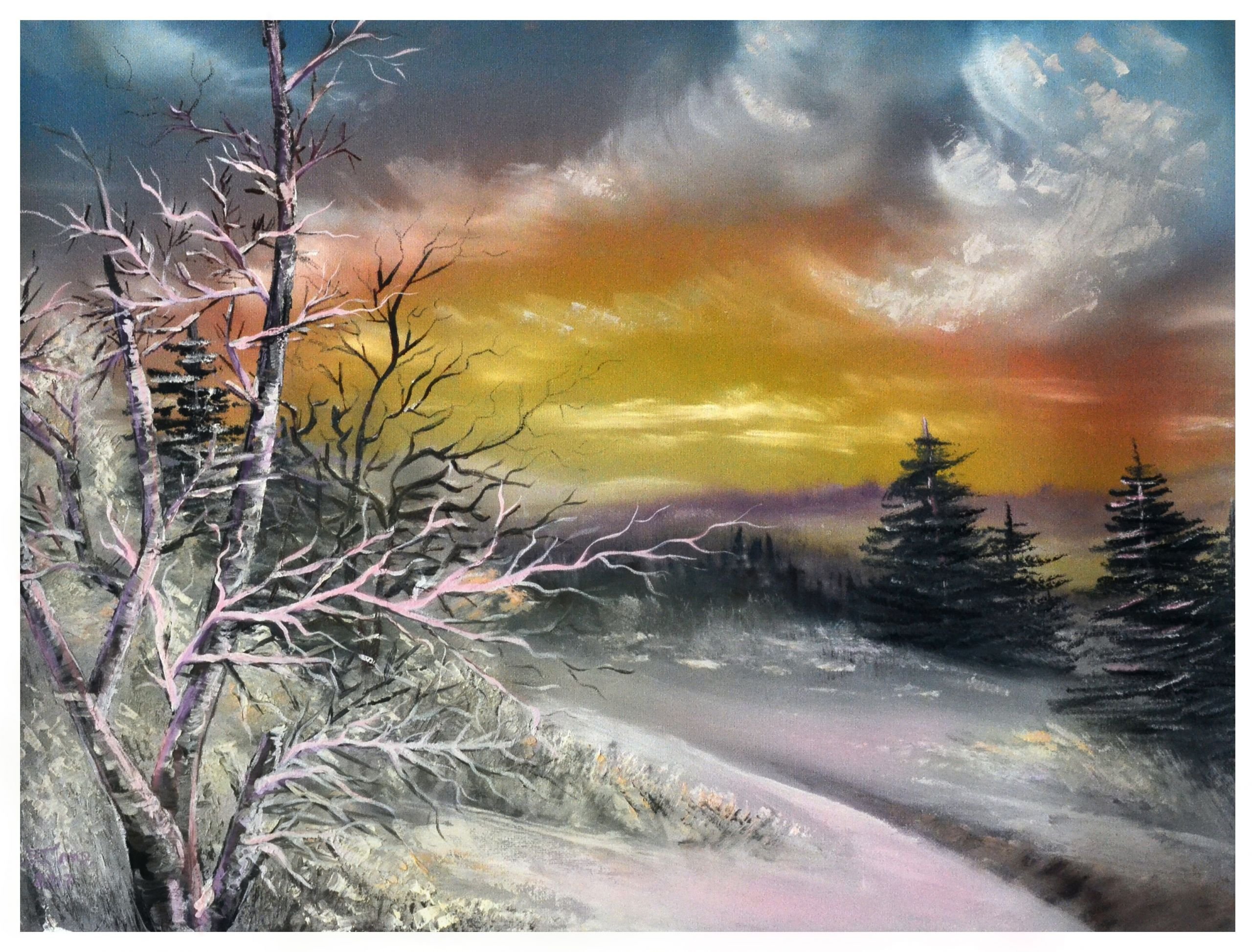 Зимний пейзаж акрилом живопись