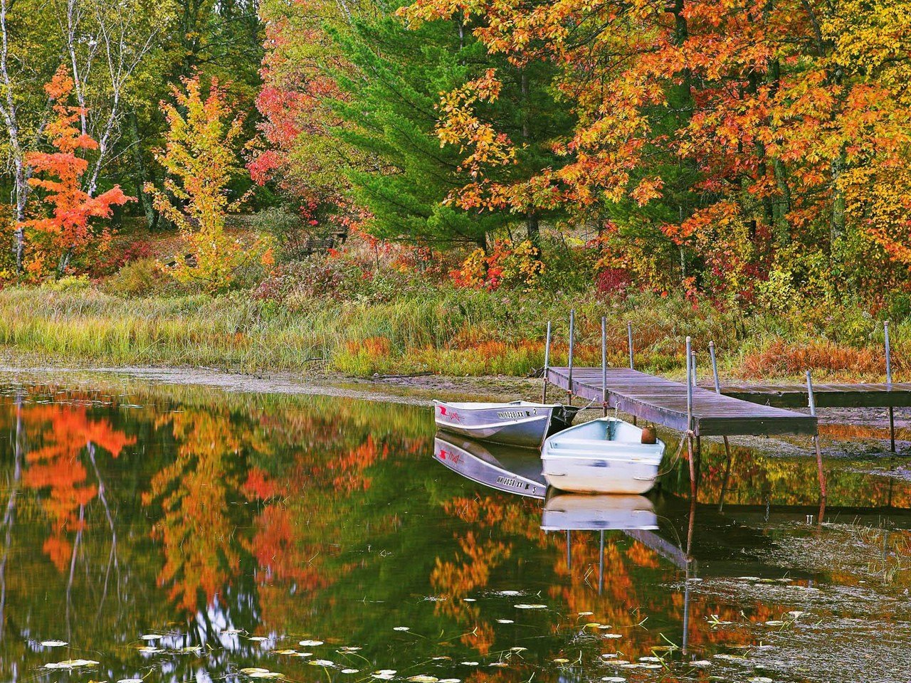 Красивая осень озеро лодка