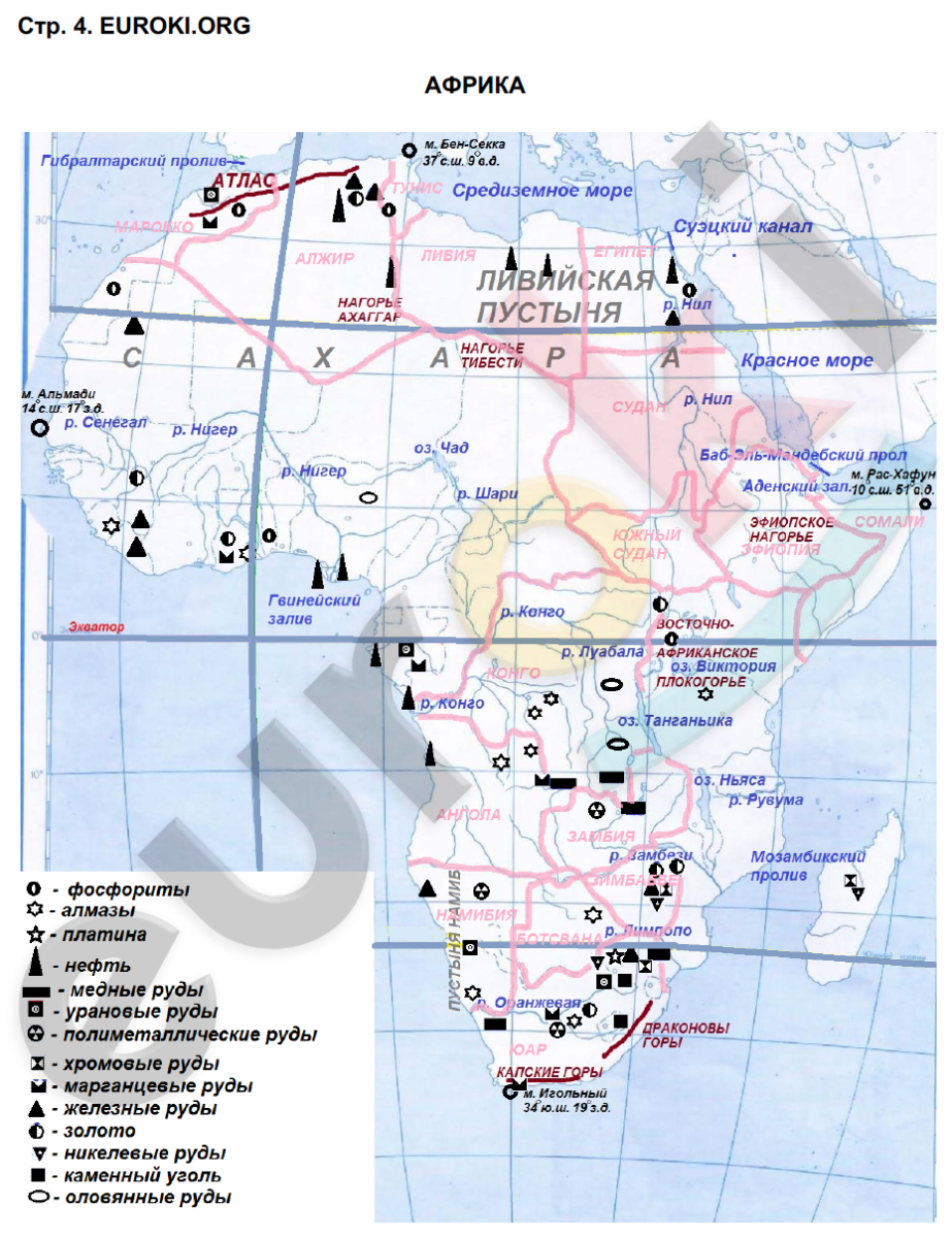 Какие географические координаты имеет африка. Крайние точки Африки на контурной карте 7 класс география. Географические объекты Африки на контурной карте 7 класс. Атлас география 7 класс Африка контурная карта.