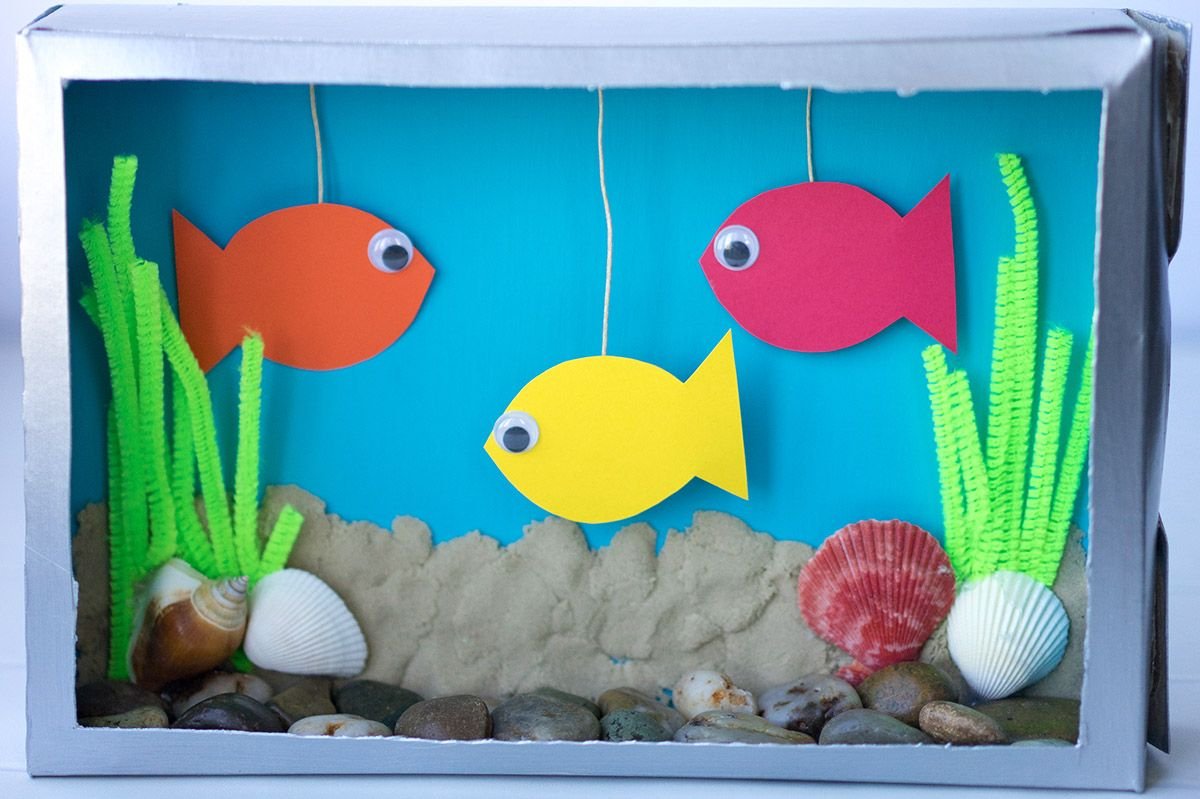 Рыбка из бумаги аквариум. Поделка аквариум с рыбками. Поделка аквариум из бумаги. Аквариум из коробки для детей. Аквариум поделка для детей.