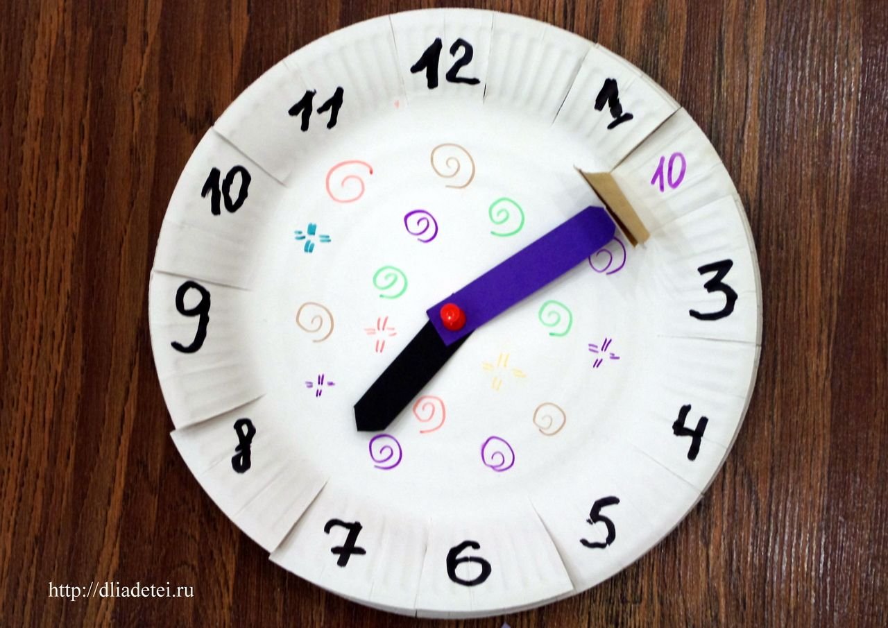 Ручной циферблат. Поделка часы. Часы из картона для детей. Часы своими руками для детей. Часы из одноразовой тарелки.
