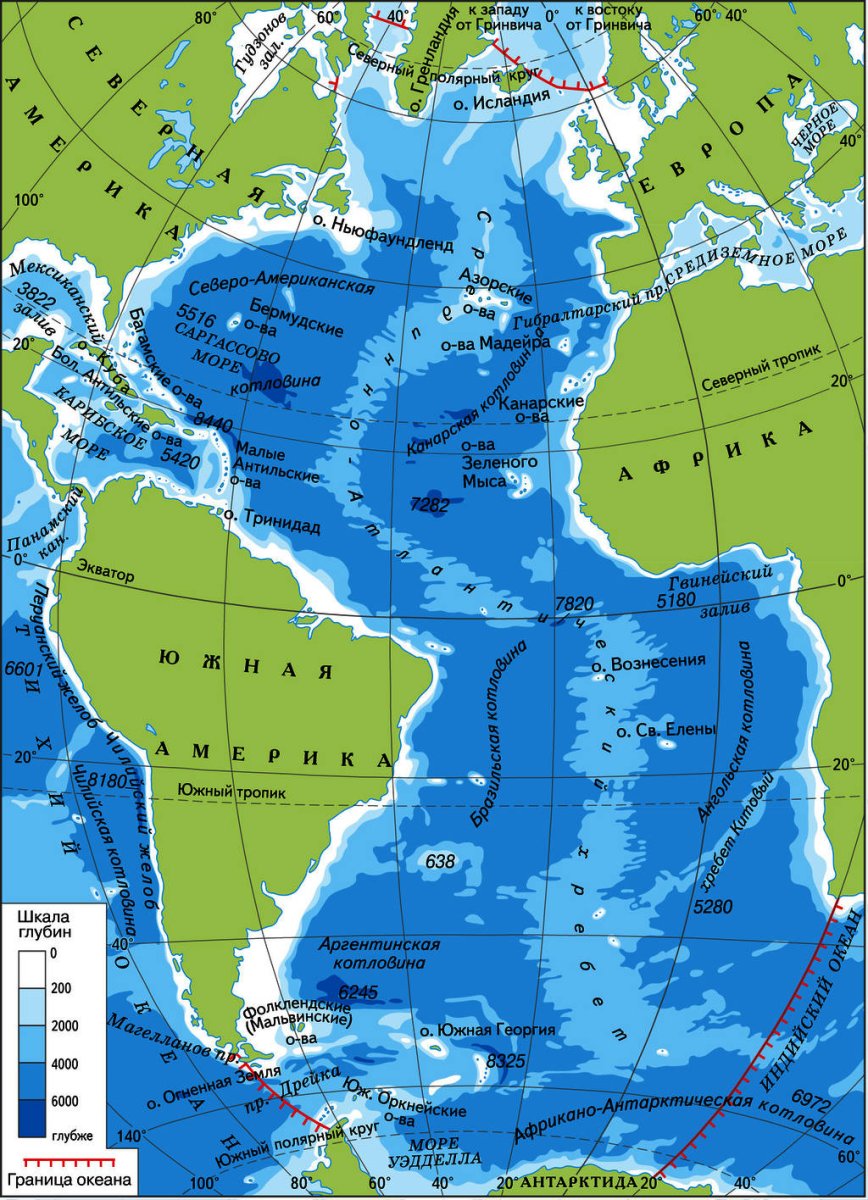 Атлантический океан карта глубин