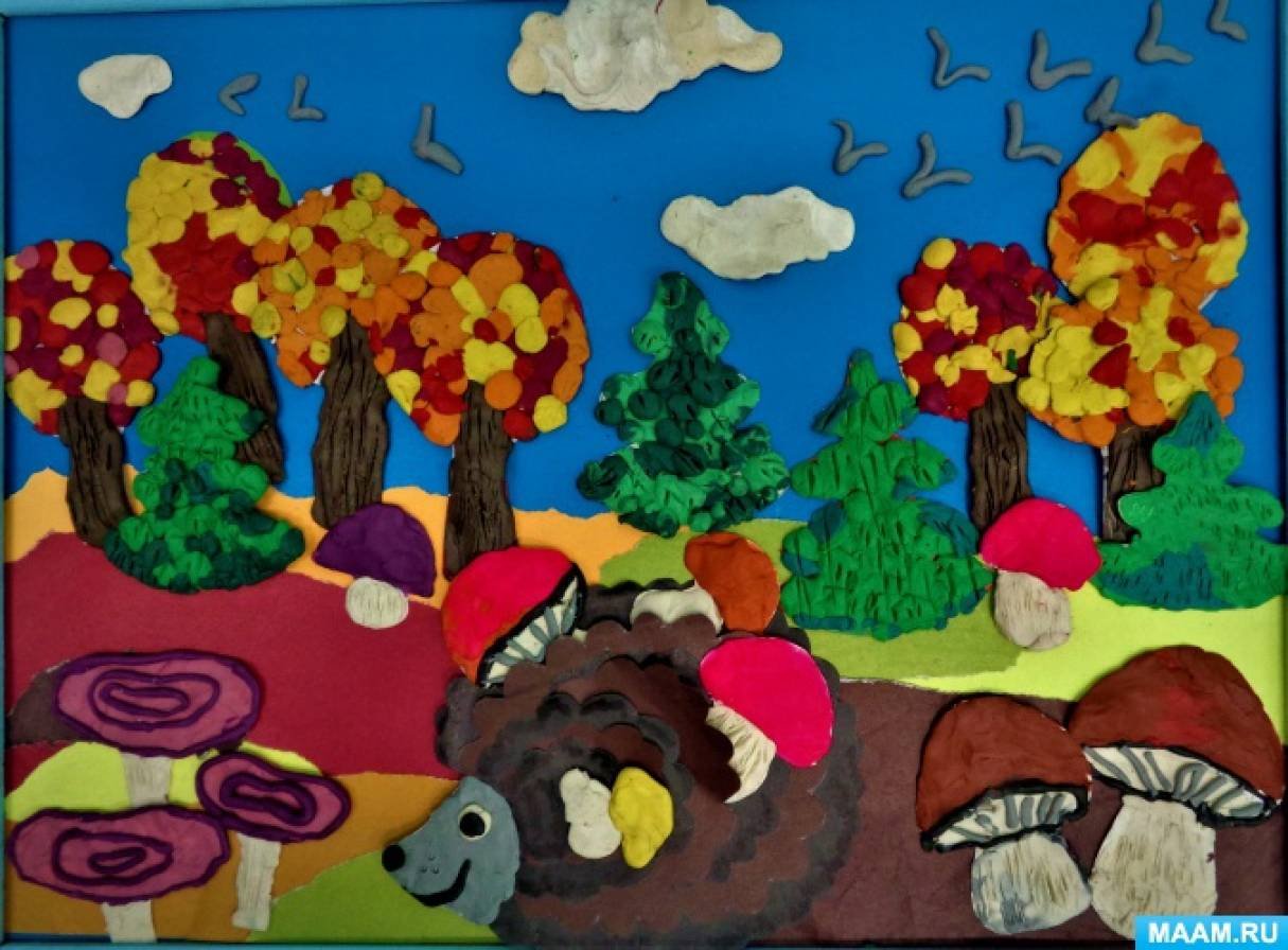 Лес из пластилина. Пластилинография на грибной полянке. Пластилин на тему осень. Осенние поделки из пластилина. Осенний лес из пластилина.
