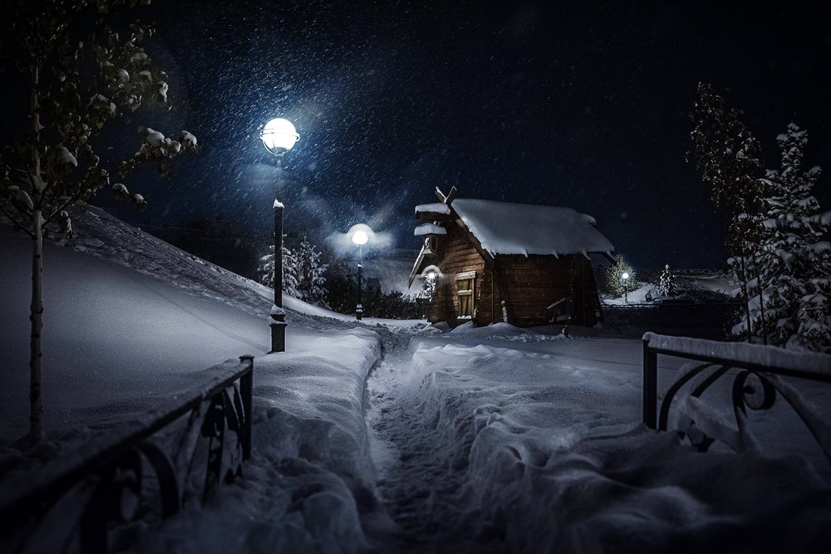 Деревенские ночные пейзажи зимой