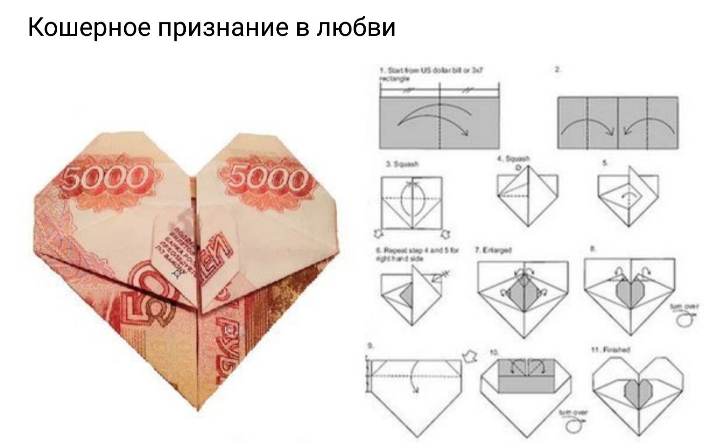 Оригами из купюры сердце схема